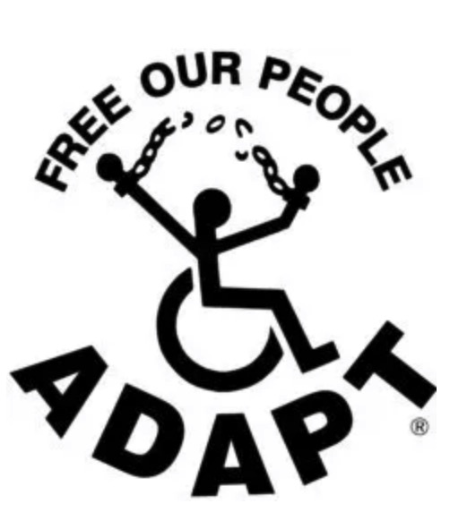 ADAPT logo of a stick figure in a wheelchair holding up hands wearing manacles with a broken chain